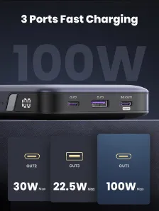 Power Bank Ugreen 20000 Mah, Hasta 100w, 1x Usb-a, 2x Usb-c, Gris
